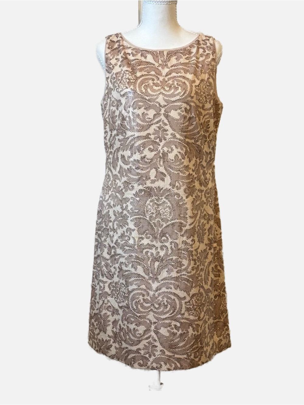 Lauren Ralph Lauren Ivory and Gold Metallic Sequined Damask Sheath Dress Size 10